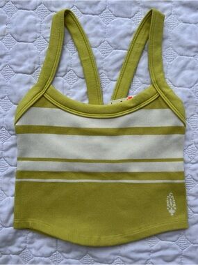 Free People Ribbed Crop Tank Top Scoop Neck Racer Back Green + White Active - XS
